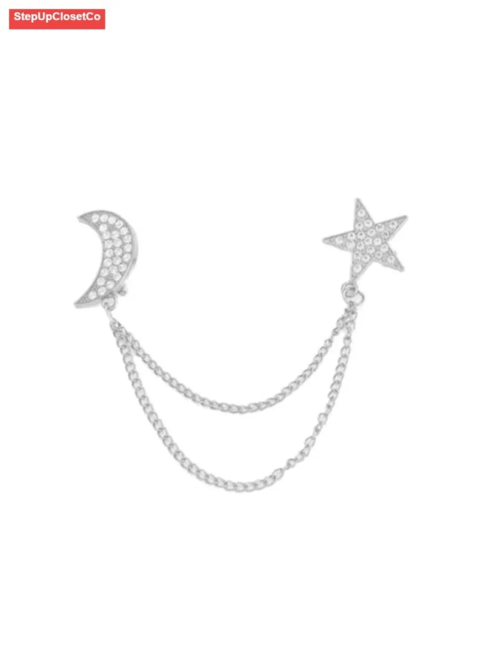 Rhinestone Moon Star Tassel Chain Brooch Lapel Pin CZ Elegant Suit Coat